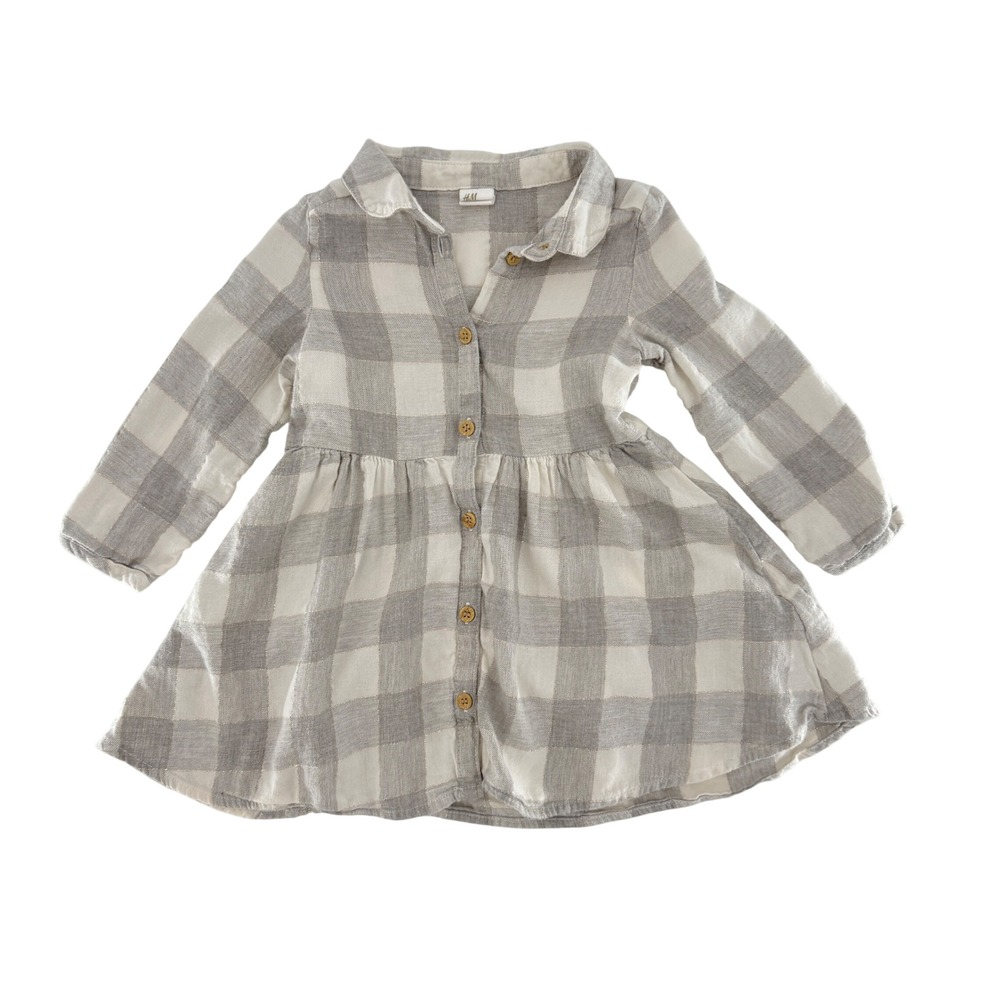 H&M Girl's Gray White Plaid Button Front Long Sleeve Shirt‎ Dress Size 12 18 Mo